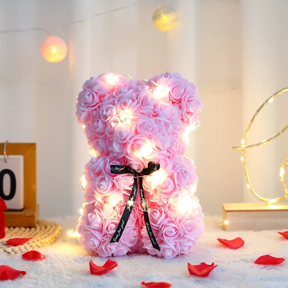 Ours en Roses LED Rose vif 25cm avec Boîte Cadeau - Cadeau Romantique Saint-Valentin, Anniversaire, Mariage