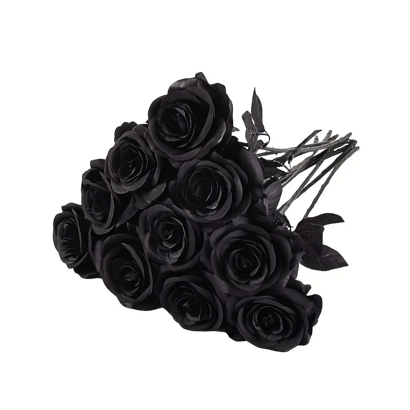 Roses Noires Artificielles Longues Tiges - Décoration Halloween, Mariage, Maison