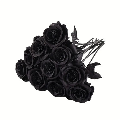 Roses Noires Artificielles Longues Tiges - Décoration Halloween, Mariage, Maison