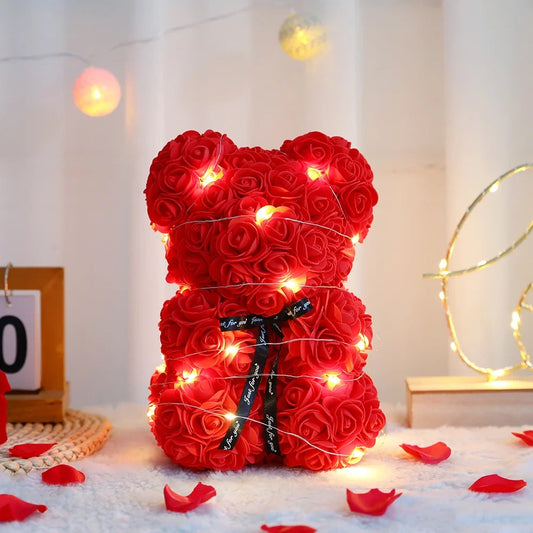 Ours en Roses LED Rouge 25cm avec Boîte Cadeau - Cadeau Romantique Saint-Valentin, Anniversaire, Mariage
