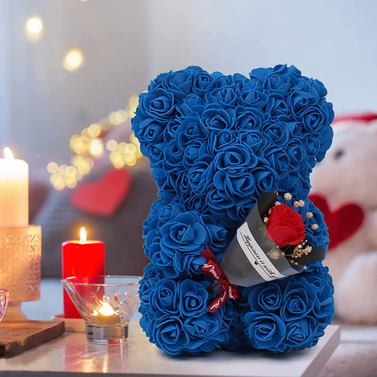 Ours en Roses Éternelles Bleu foncé avec Rose en main - Cadeau Saint-Valentin, Fête des Mères, Anniversaire