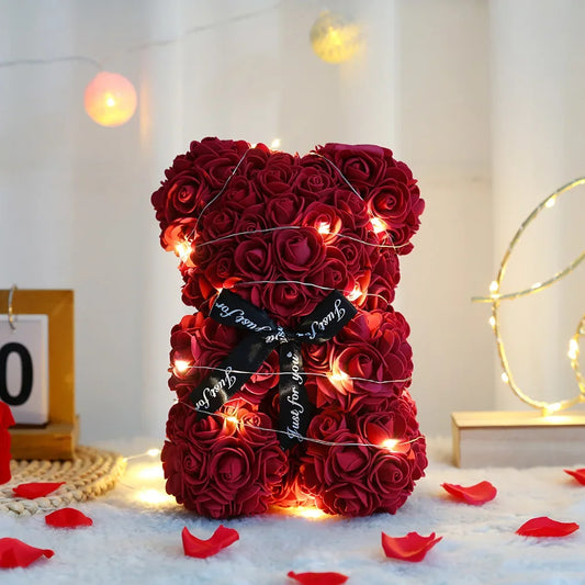 Ours en Roses LED Rouge foncé 25cm avec Boîte Cadeau - Cadeau Romantique Saint-Valentin, Anniversaire, Mariage