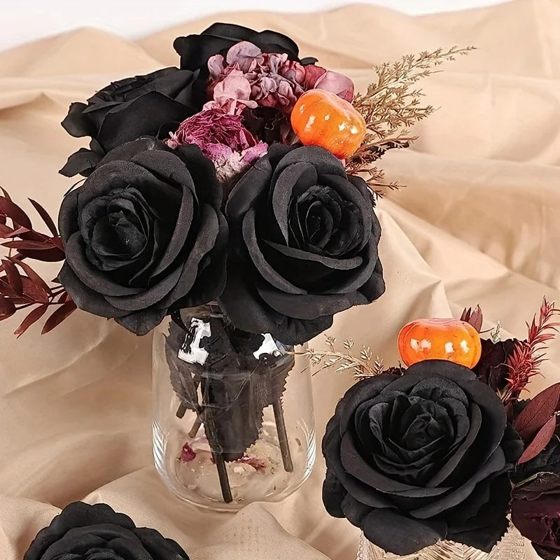Roses Noires Artificielles Longues Tiges - Décoration Halloween, Mariage, Maison