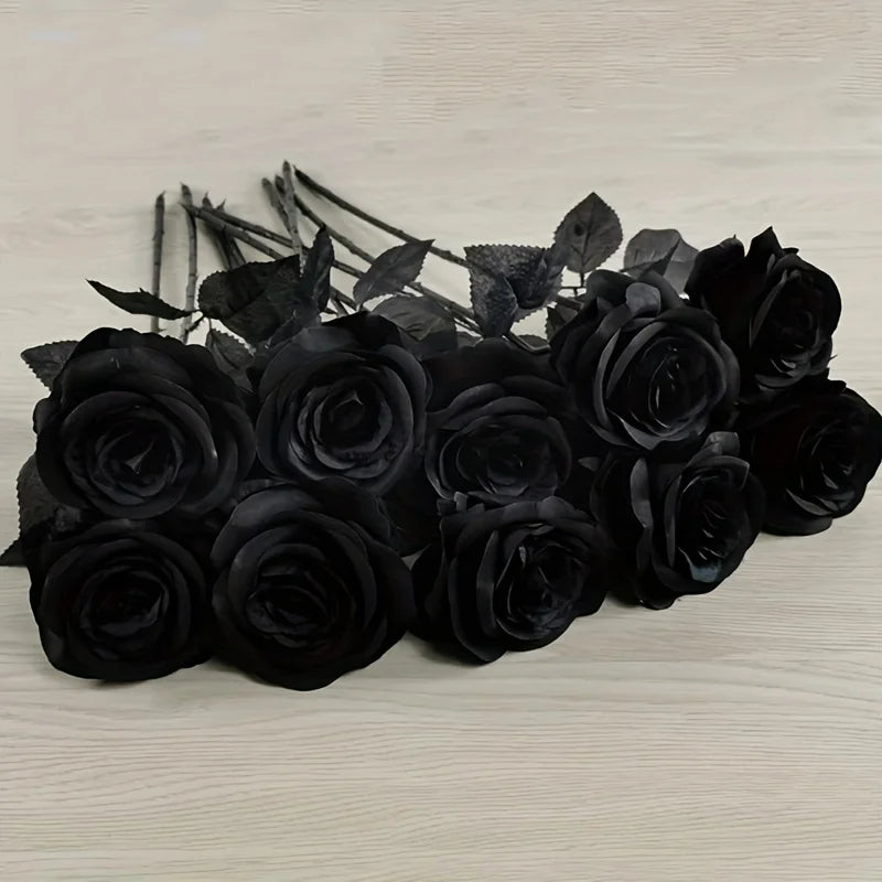 Roses Noires Artificielles Longues Tiges - Décoration Halloween, Mariage, Maison