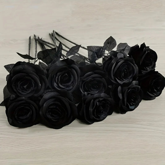 Roses Noires Artificielles Longues Tiges - Décoration Halloween, Mariage, Maison