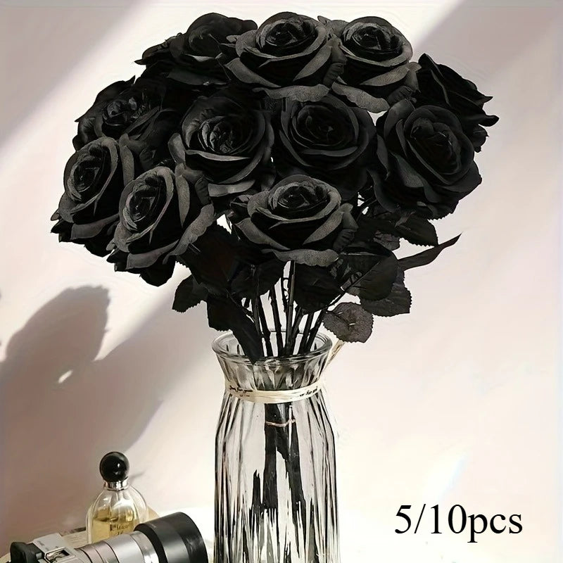 Roses Noires Artificielles Longues Tiges - Décoration Halloween, Mariage, Maison