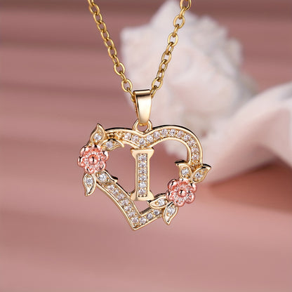 Collier Cœur avec Lettre et Fleur Rose Dorée - Zircone Blanche - Cadeau Saint-Valentin Femme