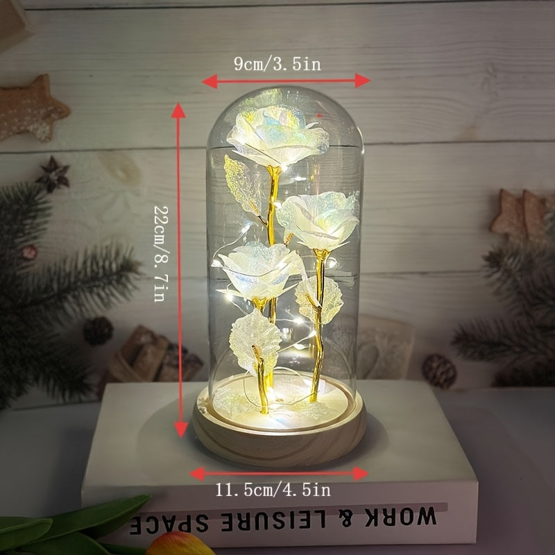 Dôme en Verre avec Roses LED Lumineuses - Centre de Table Décoratif - Cadeau Saint-Valentin, Fête des Mères, Noël