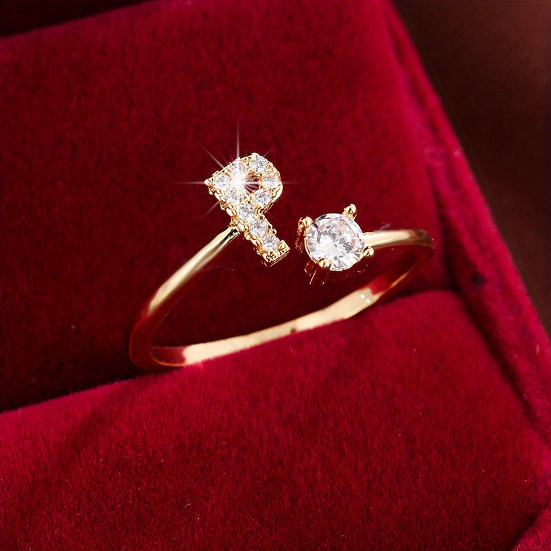 Bague Ajustable en Cuivre avec Zircone Ronde - 26 Lettres Alphabet - Bijou Tendance Femme