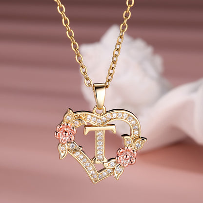 Collier Cœur avec Lettre et Fleur Rose Dorée - Zircone Blanche - Cadeau Saint-Valentin Femme