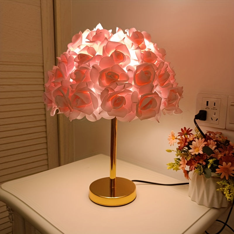Abat-Jour Lampe de Table Pétales de Rose Rose 32cm - Support Métal - Design Moderne Tissu - Décoration Maison