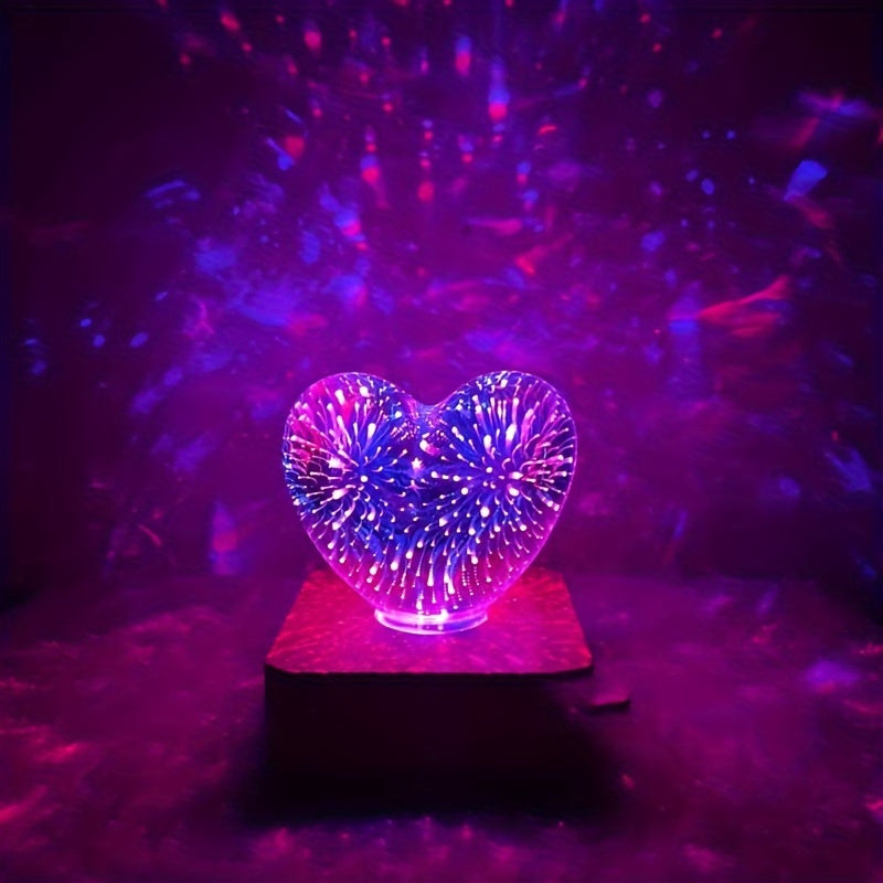 Lampe LED 3D Cœur d'Amour Feux d'Artifice USB - Veilleuse Décorative - Cadeau Saint-Valentin, Camping, Chambre