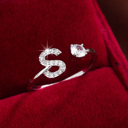 Bague Ajustable en Cuivre avec Zircone Ronde - 26 Lettres Alphabet - Bijou Tendance Femme