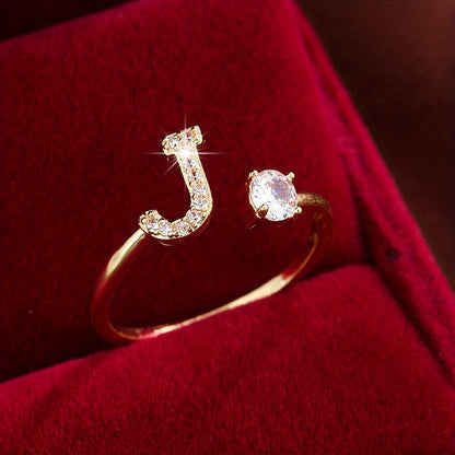 Bague Ajustable en Cuivre avec Zircone Ronde - 26 Lettres Alphabet - Bijou Tendance Femme