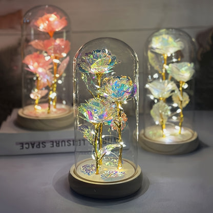 Dôme en Verre avec Roses LED Lumineuses - Centre de Table Décoratif - Cadeau Saint-Valentin, Fête des Mères, Noël