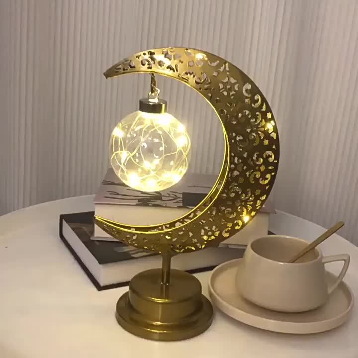 Lampe LED Islamique Croissant de Lune et Étoile - Lumière Dorée - Décoration Ramadan, Eid, Prière - Dôme Doré