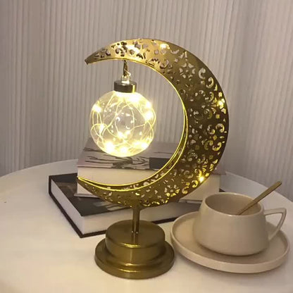 Lampe LED Islamique Croissant de Lune et Étoile - Lumière Dorée - Décoration Ramadan, Eid, Prière - Dôme Doré