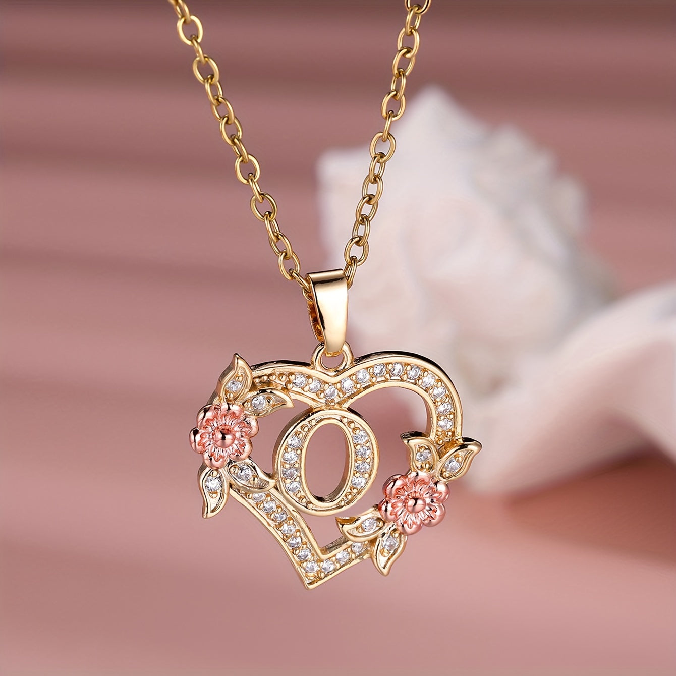 Collier Cœur avec Lettre et Fleur Rose Dorée - Zircone Blanche - Cadeau Saint-Valentin Femme