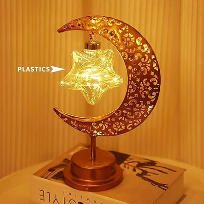 Lampe LED Islamique Croissant de Lune et Étoile - Lumière Dorée - Décoration Ramadan, Eid, Prière - Dôme Doré