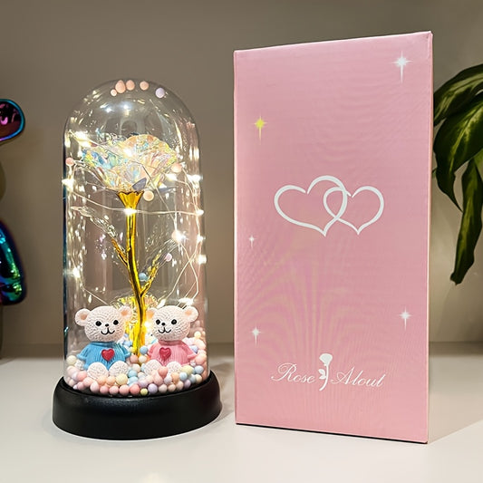 Rose Lumineuse sous Cloche LED - Décoration Romantique - Cadeau Saint-Valentin, Fête des Mères, Noël