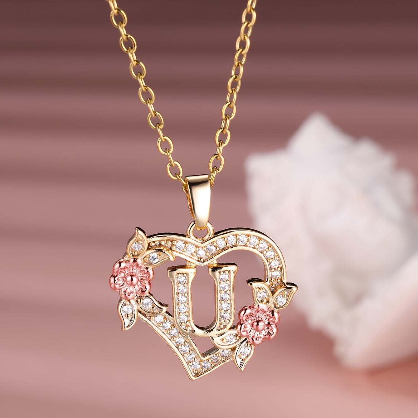 Collier Cœur avec Lettre et Fleur Rose Dorée - Zircone Blanche - Cadeau Saint-Valentin Femme