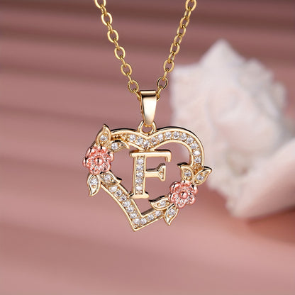 Collier Cœur avec Lettre et Fleur Rose Dorée - Zircone Blanche - Cadeau Saint-Valentin Femme