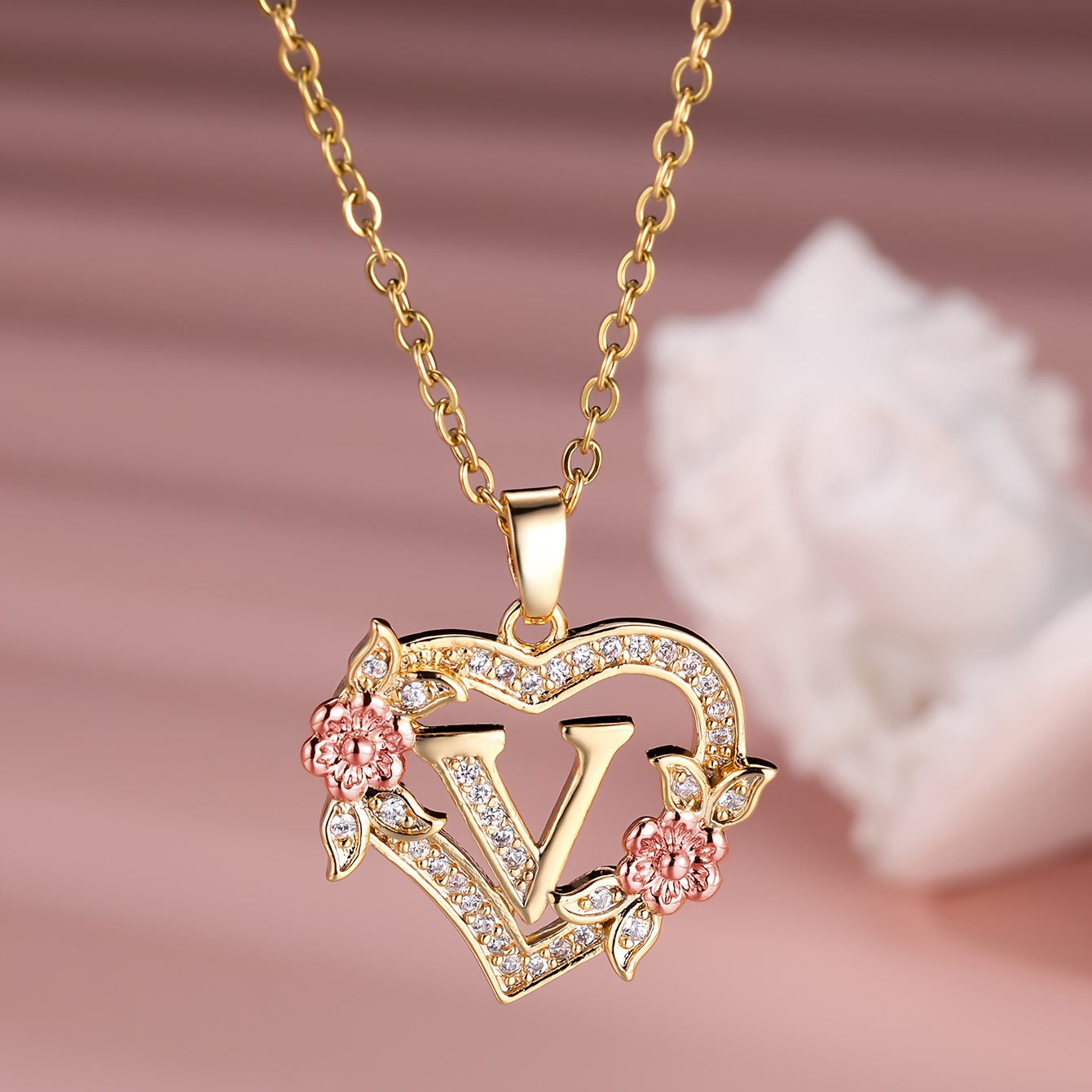 Collier Cœur avec Lettre et Fleur Rose Dorée - Zircone Blanche - Cadeau Saint-Valentin Femme