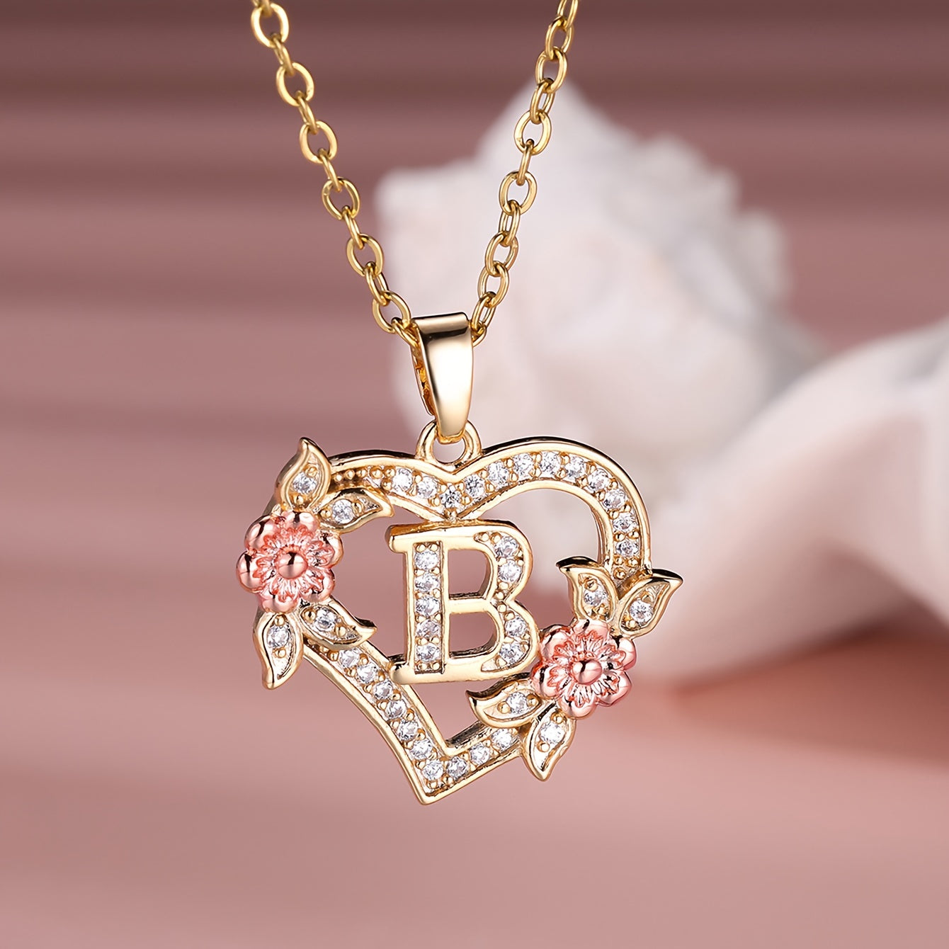 Collier Cœur avec Lettre et Fleur Rose Dorée - Zircone Blanche - Cadeau Saint-Valentin Femme