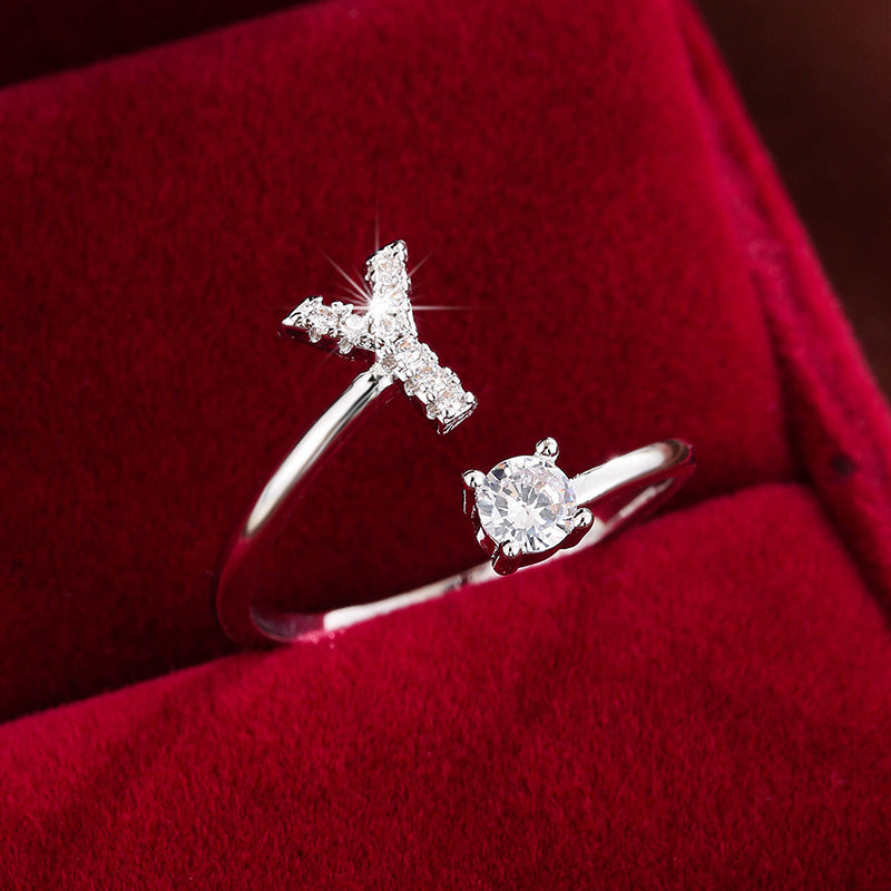 Bague Ajustable en Cuivre avec Zircone Ronde - 26 Lettres Alphabet - Bijou Tendance Femme