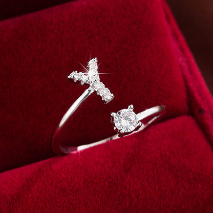 Bague Ajustable en Cuivre avec Zircone Ronde - 26 Lettres Alphabet - Bijou Tendance Femme