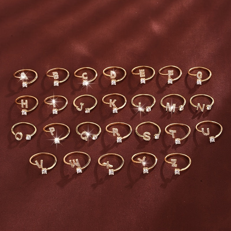 Bague Ajustable en Cuivre avec Zircone Ronde - 26 Lettres Alphabet - Bijou Tendance Femme