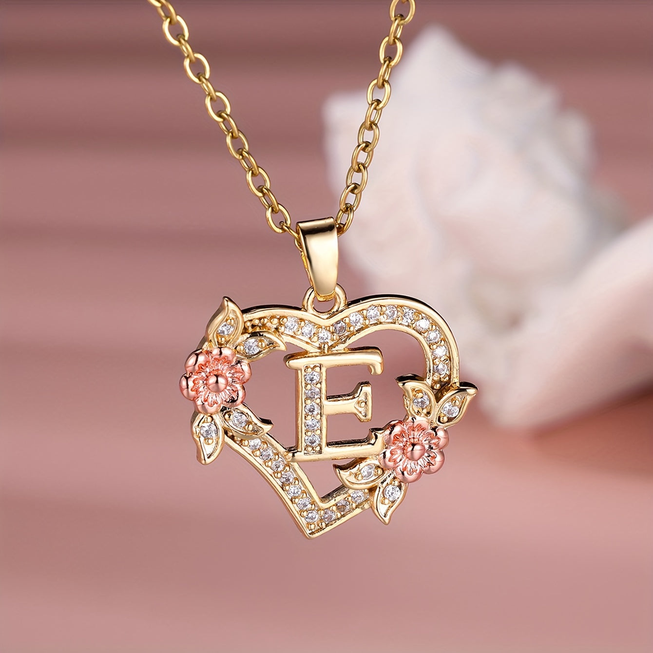 Collier Cœur avec Lettre et Fleur Rose Dorée - Zircone Blanche - Cadeau Saint-Valentin Femme