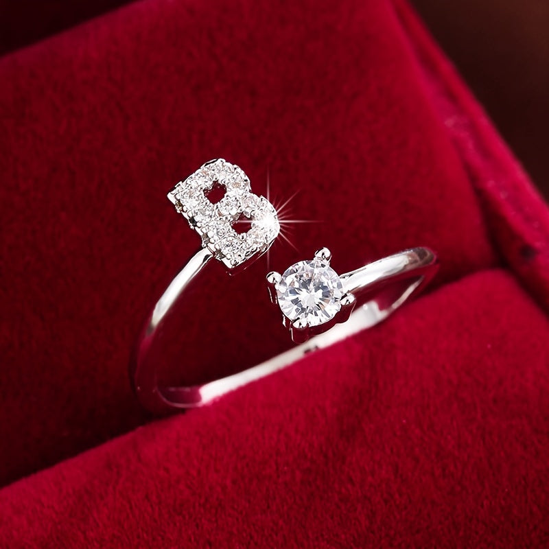 Bague Ajustable en Cuivre avec Zircone Ronde - 26 Lettres Alphabet - Bijou Tendance Femme