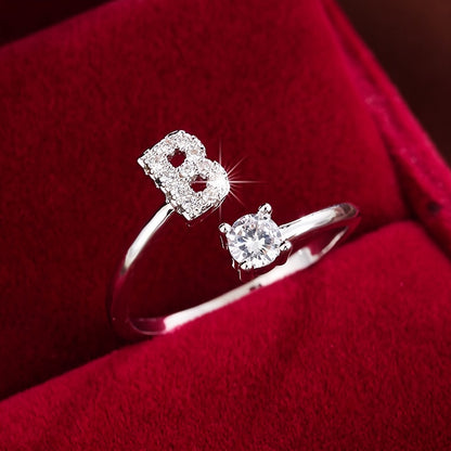 Bague Ajustable en Cuivre avec Zircone Ronde - 26 Lettres Alphabet - Bijou Tendance Femme