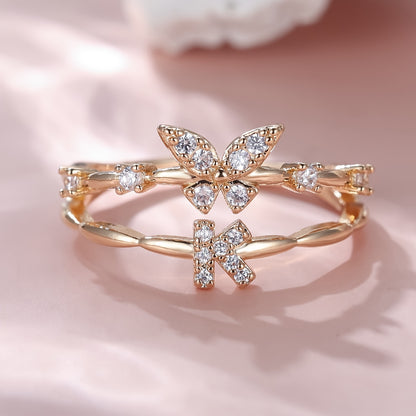 Bague Papillon avec Initiale A-Z - Bijou Empilable Élégant - Cadeau Anniversaire, Noël - Femme