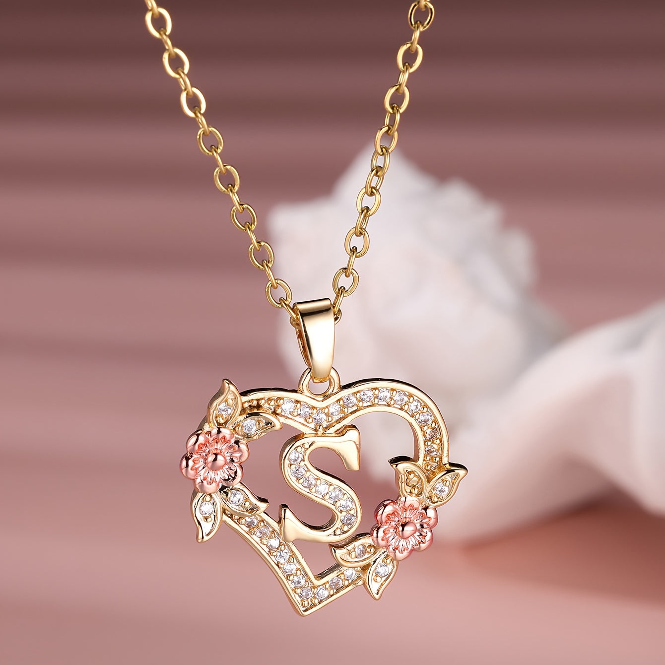 Collier Cœur avec Lettre et Fleur Rose Dorée - Zircone Blanche - Cadeau Saint-Valentin Femme