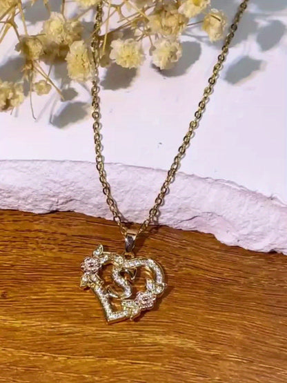 Collier Cœur avec Lettre et Fleur Rose Dorée - Zircone Blanche - Cadeau Saint-Valentin Femme