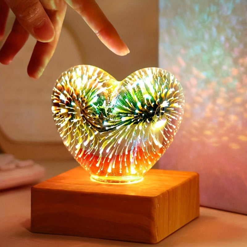 Lampe LED 3D Cœur d'Amour Feux d'Artifice USB - Veilleuse Décorative - Cadeau Saint-Valentin, Camping, Chambre