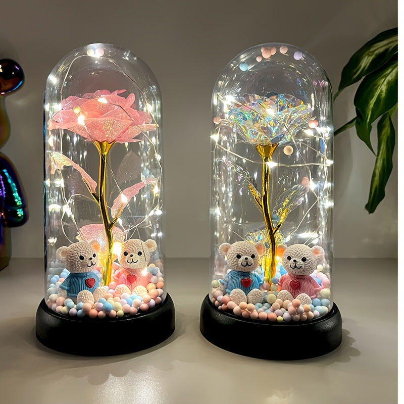 Rose Lumineuse sous Cloche LED - Décoration Romantique - Cadeau Saint-Valentin, Fête des Mères, Noël