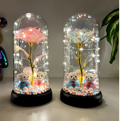 Rose Lumineuse sous Cloche LED - Décoration Romantique - Cadeau Saint-Valentin, Fête des Mères, Noël