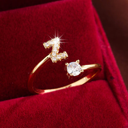 Bague Ajustable en Cuivre avec Zircone Ronde - 26 Lettres Alphabet - Bijou Tendance Femme