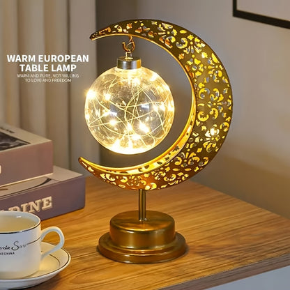Lampe LED Islamique Croissant de Lune et Étoile - Lumière Dorée - Décoration Ramadan, Eid, Prière - Dôme Doré