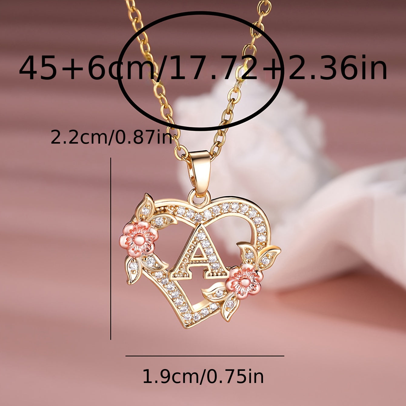 Collier Cœur avec Lettre et Fleur Rose Dorée - Zircone Blanche - Cadeau Saint-Valentin Femme