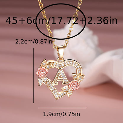 Collier Cœur avec Lettre et Fleur Rose Dorée - Zircone Blanche - Cadeau Saint-Valentin Femme