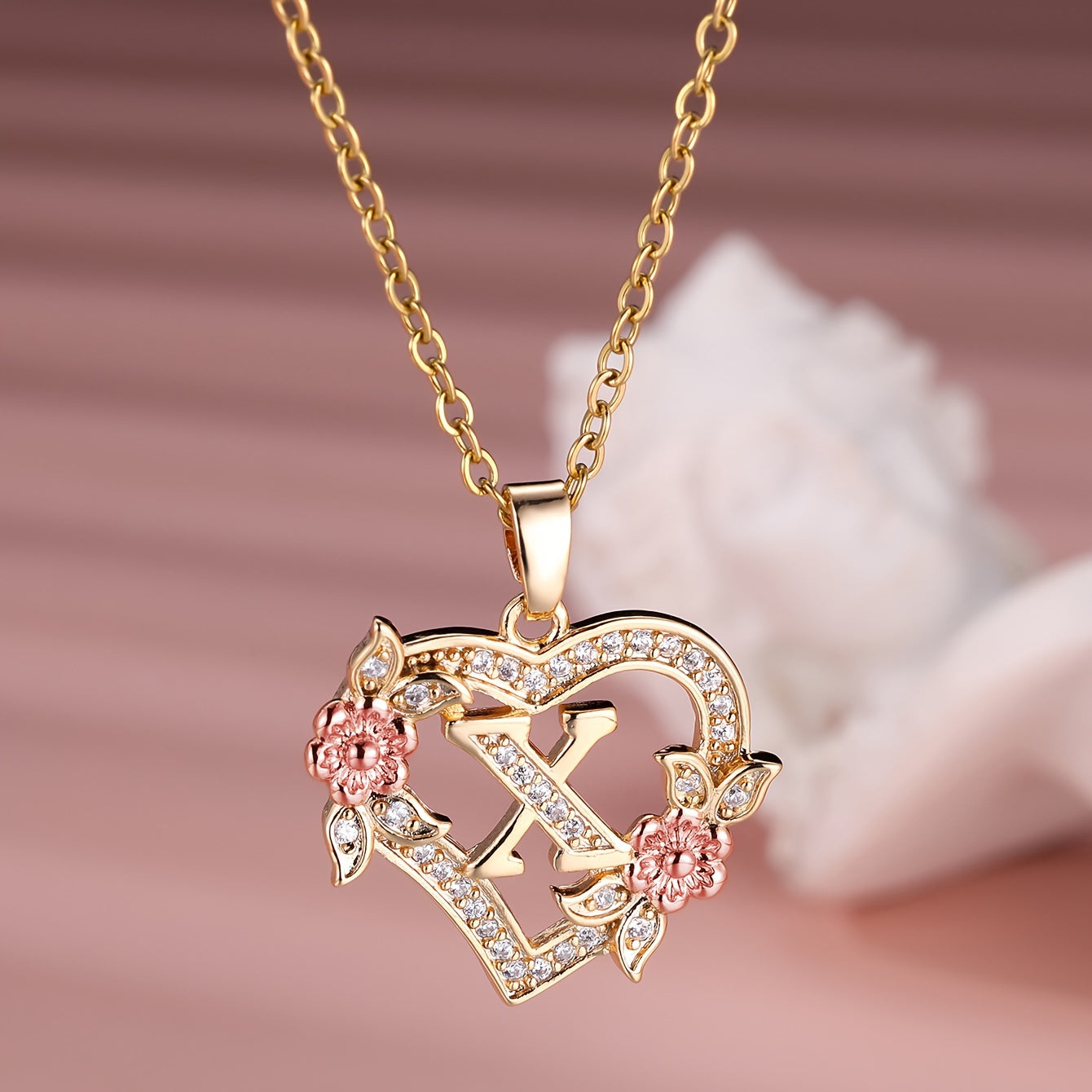 Collier Cœur avec Lettre et Fleur Rose Dorée - Zircone Blanche - Cadeau Saint-Valentin Femme